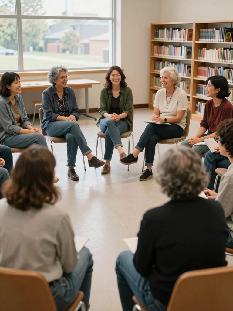 A small group of diverse local residents sitting in a circle in a public library room, talking and laughing during a community workshop, soft natural daylight.