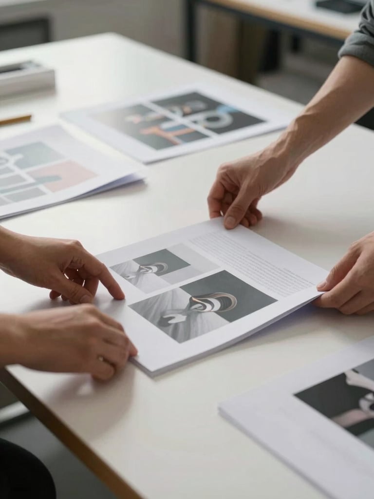 Close-up of a designer's hands arranging printed pages on a wide white table, north-facing daylight from the left, precise geometric layout visible, clean architectural studio environment