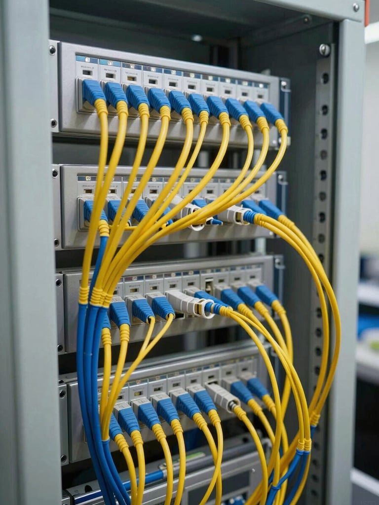 Wide environmental shot of a telecom fiber distribution frame, dense runs of single-mode fiber patch cords in blue and yellow, directional overhead lighting, no people, rack infrastructure visible in background