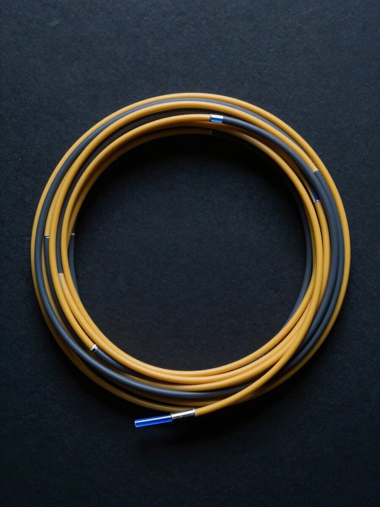 Close-up flat-lay overhead of active optical cables coiled on a dark surface, fiber strands refracting blue light at cable ends, studio lighting from above, no hands, dark navy background