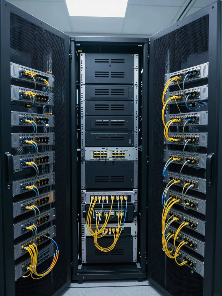 Wide shot of a dense AI server rack bay, overhead fluorescent lighting casting sharp shadows on blade servers and fiber patch panels, rows of optical transceivers visible in their cages, deep navy and grey tones, no people