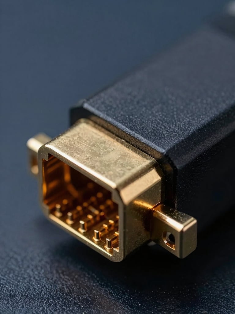 Extreme close-up of a high-speed optical transceiver module connector, studio strobe lighting sharply defining the gold-plated pins and matte casing, deep navy background, clinical precision framing, no human presence