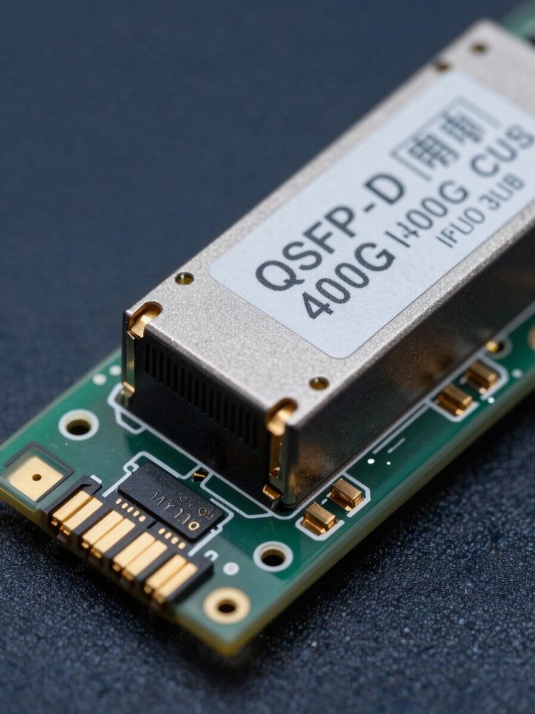 Extreme close-up macro of a QSFP-DD 400G optical transceiver module, studio strobe lighting emphasizing the gold connector pins and label markings, deep navy background, sharp material detail, no hands