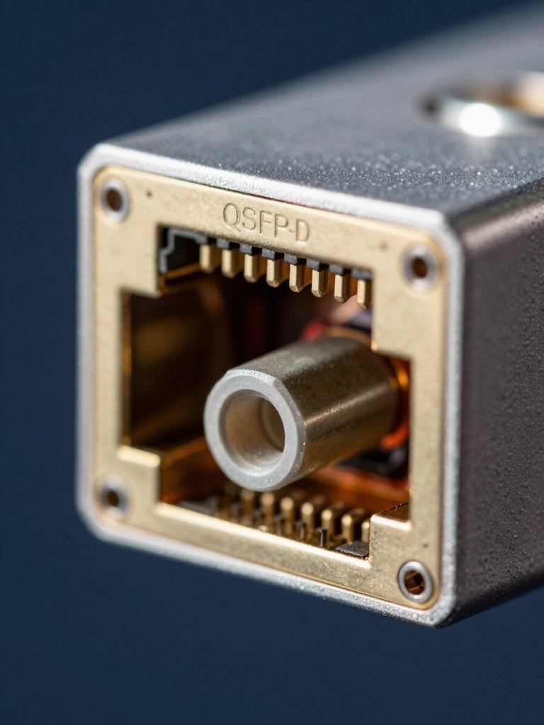 Extreme close-up macro of an optical transceiver module connector face, QSFP-DD form factor, gold-plated electrical contacts and ceramic ferrule visible in sharp detail, polished casing catching a single bright studio strobe from upper right, deep navy background, no surrounding context — the component fills the frame