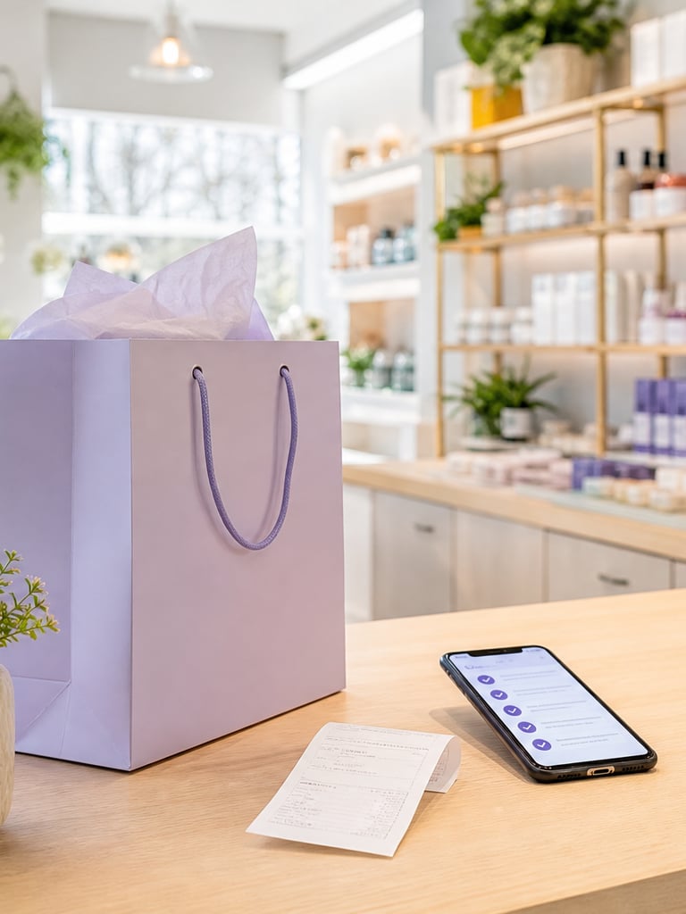 Bright local retail shopping experience with checkout counter, bag, receipt, and phone checklist