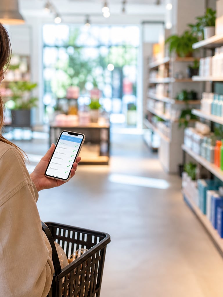 Bright retail store shopper browsing shelves with a phone checklist