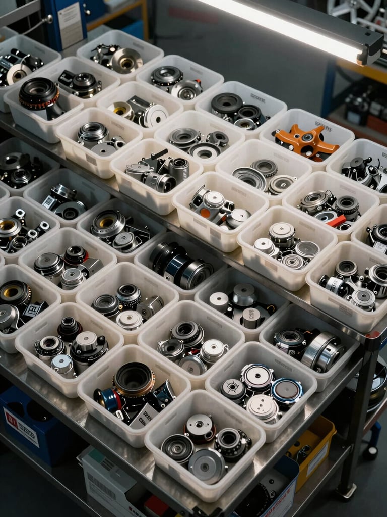 Overhead shot of a well-organized automotive parts inventory area, labeled bins and OEM parts laid out on a steel workbench, even workshop light from above, no people visible, precise and orderly