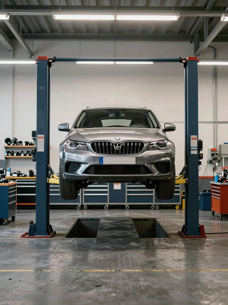 Straight-on view of a clean Berlin automotive workshop interior, a vehicle raised on a hydraulic lift in the center, organized tool cabinets and parts shelving along the back wall, even overhead fluorescent lighting casting no harsh shadows