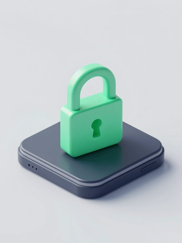 Isometric 3D render of a secure mobile interface, soft green glowing lock icon, clean slate gray background, studio lighting