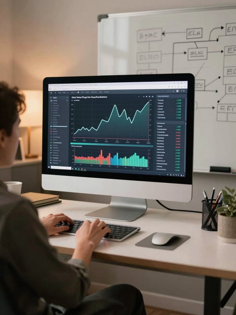 Wide environmental shot of a modern agency planning session: a large monitor displaying a live analytics dashboard with campaign performance curves, a whiteboard with strategic framework arrows visible at the frame edge, warm ambient office light falling across a clean desk surface, medium-wide framing showing the workspace context rather than any individual face