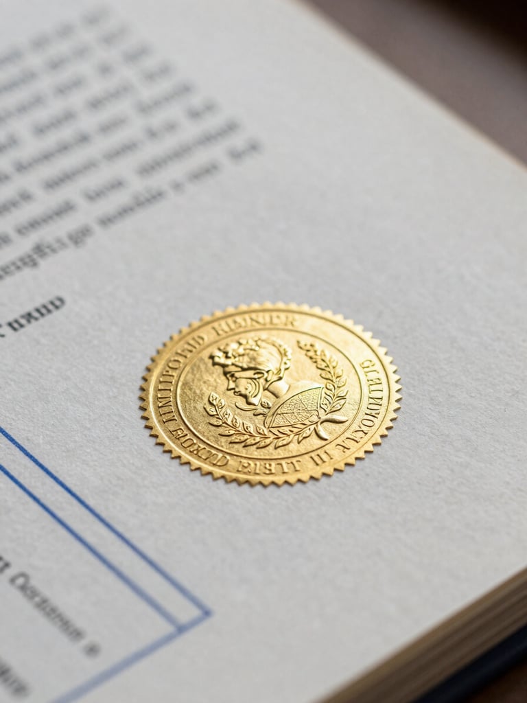 Macro close-up of a heavy legal document with an embossed gold foil seal and official blue ink stamps, soft natural daylight, shallow depth of field.