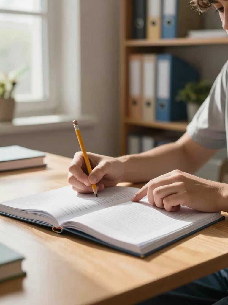 Close environmental shot inside a small learning room, a young person's hands turning the page of a workbook on a light wood table, a pencil held in concentration, warm afternoon light through a side window, out-of-focus shelves of folders and a potted plant behind, captured from slightly below eye-level