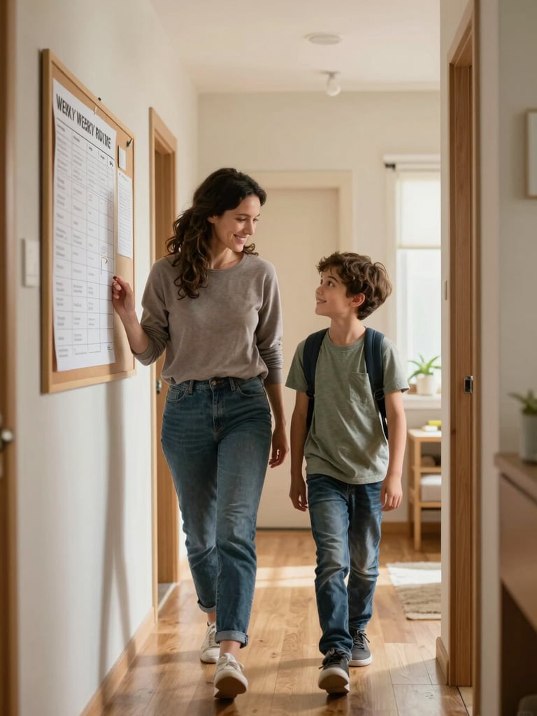 Interior hallway of a family home in warm daylight, a foster carer and young person walking together past a noticeboard with a weekly routine pinned to it, hands visible, relaxed body language, wooden flooring and soft wall tones