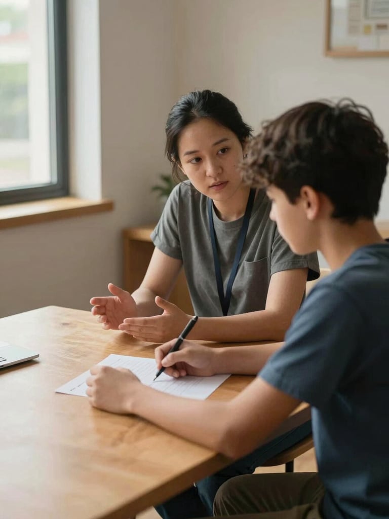 Close environmental shot inside a daylit residential support space, a staff member seated at a low table beside a young person working on a task, staff member's hands open on the table, attentive body language, warm wood surfaces and soft natural light from a window to the left, shot from eye-level at a respectful distance