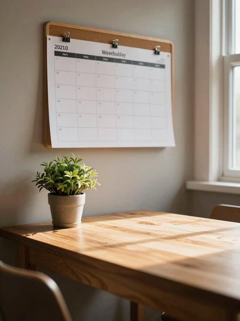 Close environmental detail — a wooden kitchen table with a small plant, a weekly schedule pinned to a soft-board behind it, warm daylight falling across the surface from a nearby window, shot from eye level, no people, textures sharp