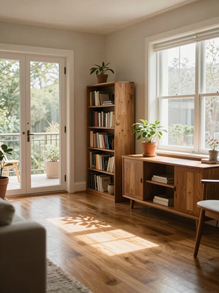 Wide environmental shot of a calm residential common room in natural daylight — warm wood furniture, a bookshelf, a potted plant on a windowsill, soft morning light falling across the floor from large windows; no people present, the space reads as lived-in and unhurried
