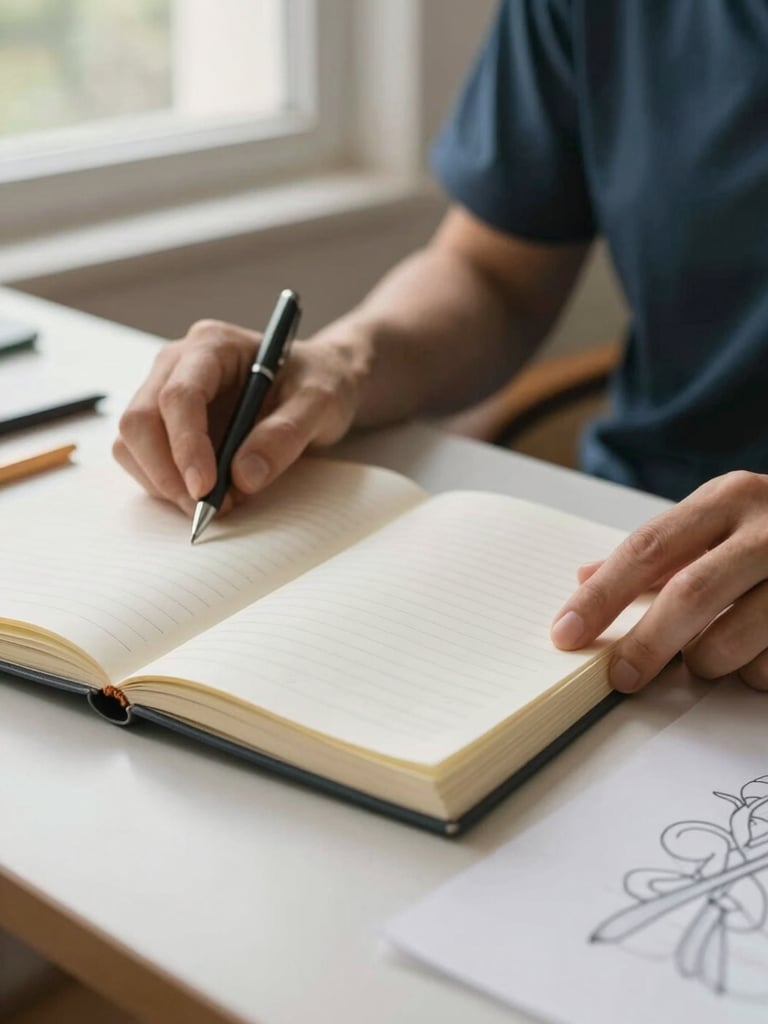 Close environmental detail of a support worker's hands resting on a table beside an open notebook and a pen, warm indoor daylight from a nearby window, a half-finished drawing visible at the edge of frame — calm, purposeful, unhurried