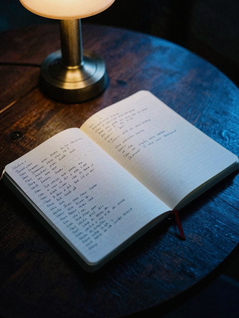 Moody low-light close-up of a handwritten lyric journal on a dark wooden table, illuminated by a warm tungsten lamp, deep blue shadows.