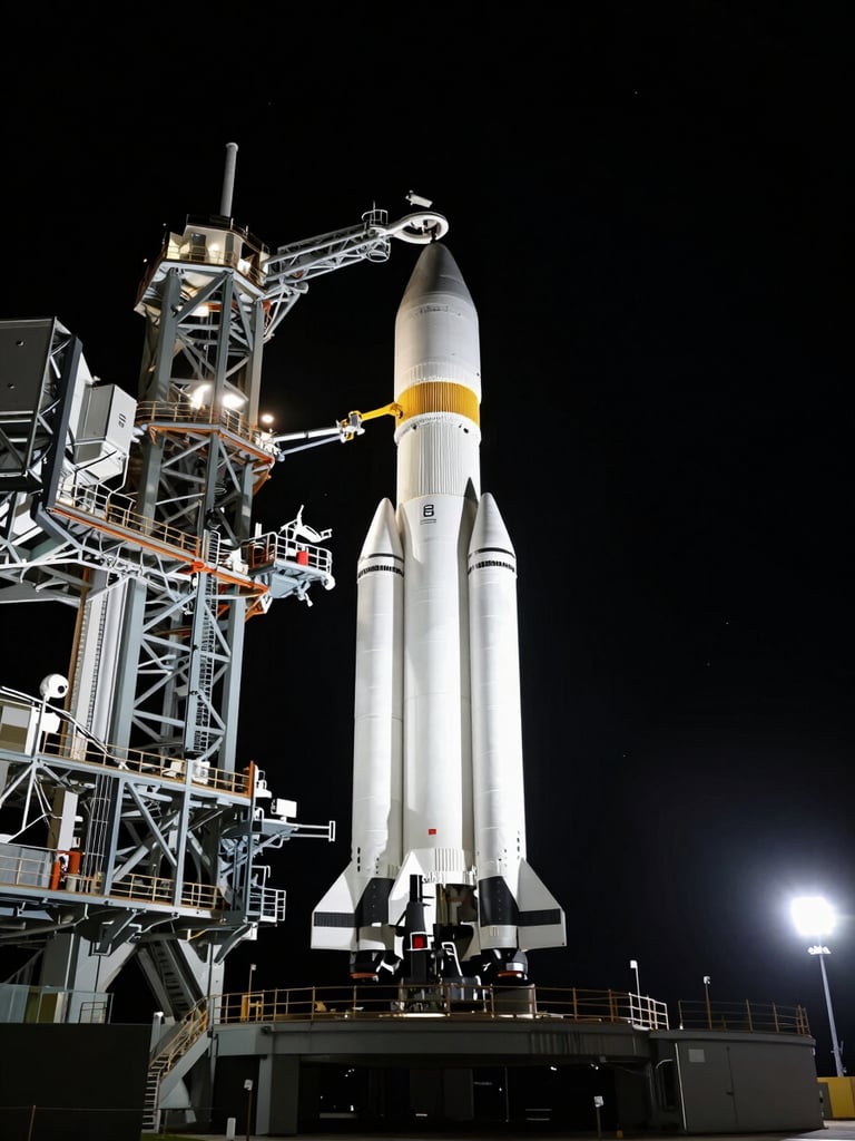 Stark dramatic portrait of the SLS rocket on the launchpad at night, illuminated by brilliant white spotlights against a pitch-black sky, high-contrast aerospace photography