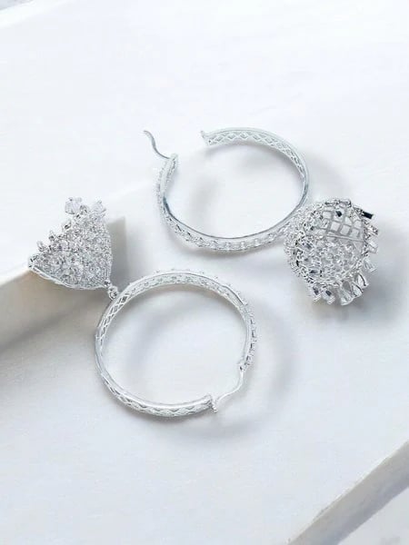 City Girl AD Rhodium-Plated CZ Stone Half Hoop Earrings for Women and Girls