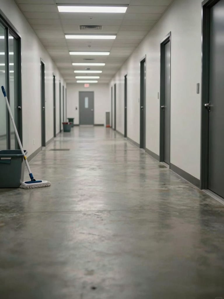 Wide-angle view down a commercial office building hallway, mid-cleaning — a mop and bucket visible to the left edge, overhead fluorescent lighting casting even illumination across polished concrete floors, empty corridor extending to a far door, shot from low angle to emphasize floor expanse and operational scope