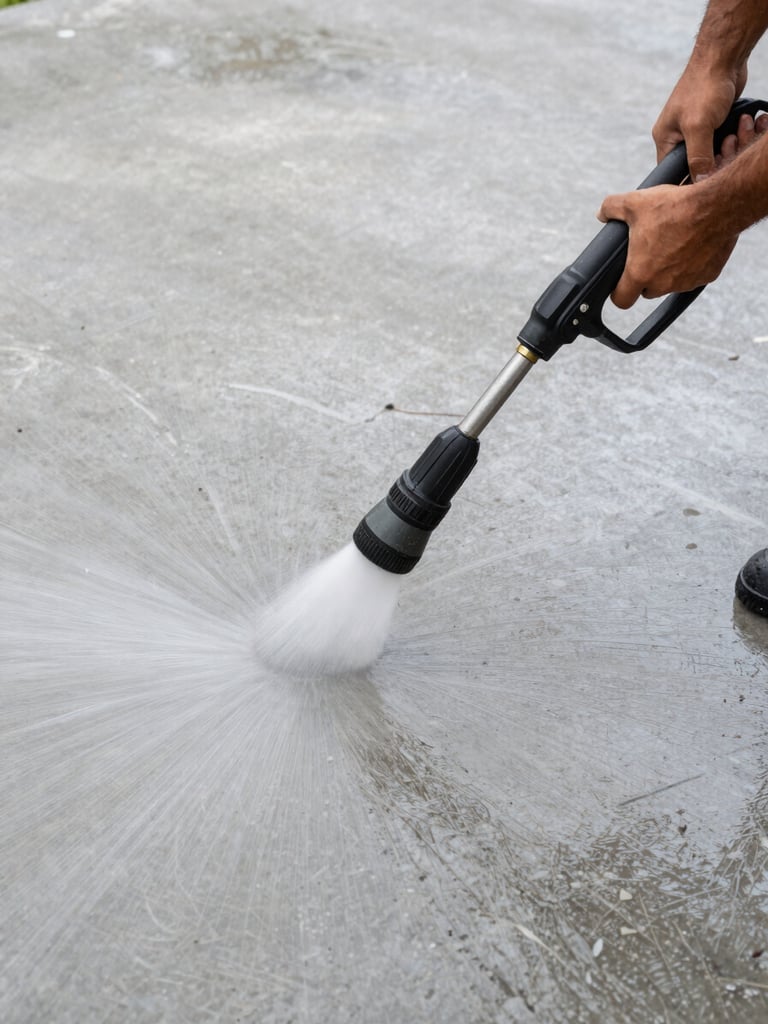 Close-up overhead view of a worker's hands operating a commercial pressure washer on a wide exterior concrete surface, even daylight, water and grime visible at the leading edge of the cleaning pass, the work in clear progress, no faces, industrial scale evident from the framing