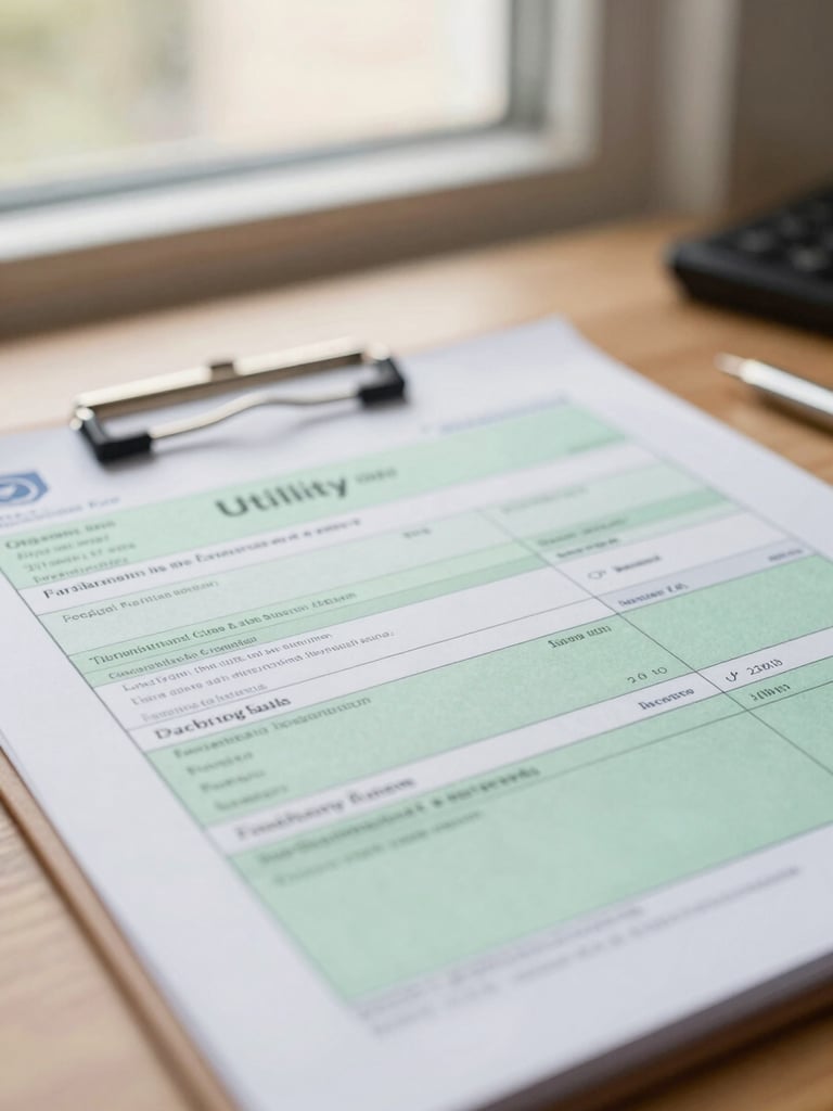 Close-up of a professional desk with a neatly marked utility bill, warm natural window light, shallow depth of field, 35mm