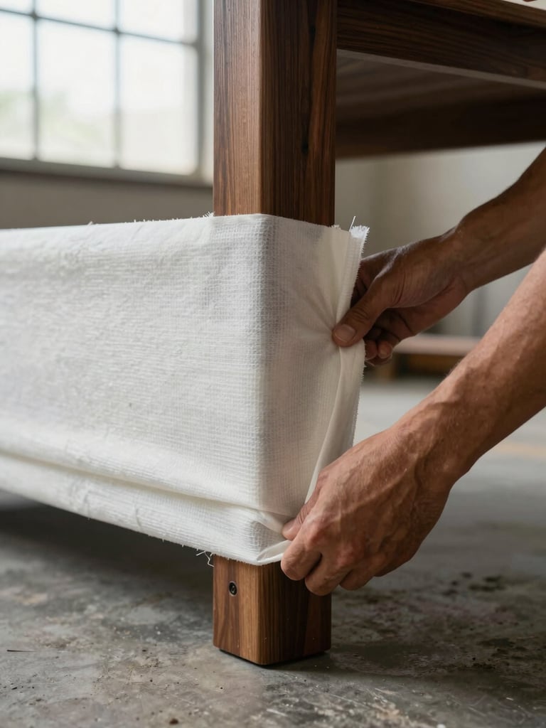 Close-up of a mover's hands securing thick protective felt wrap tightly around a dark wood furniture leg, natural light from a warehouse window catching the texture of the material, concrete floor visible at the base, sharp focus on the wrapping detail, no faces