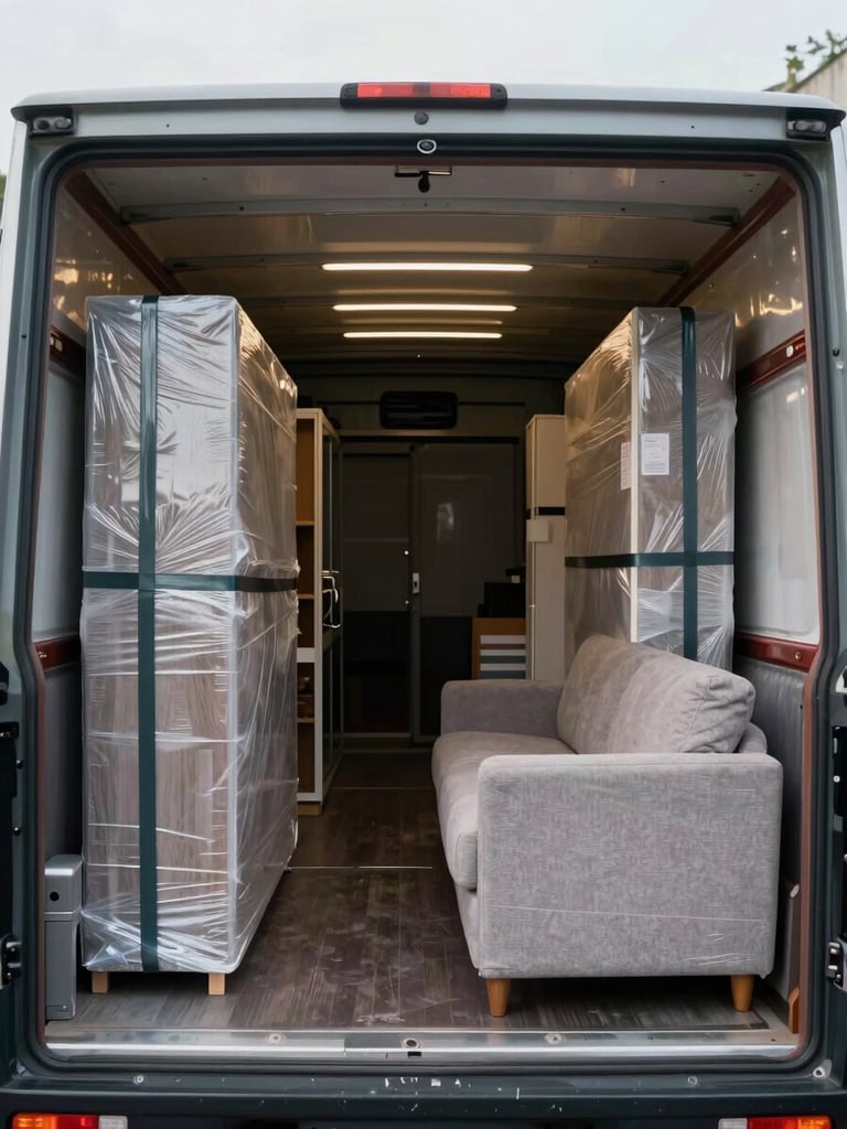 Wide panoramic view inside a moving truck cargo hold, neatly wrapped furniture pieces secured with straps against padded walls, a single sofa and wardrobe visible in the foreground, soft diffused light from the open rear doors, no people
