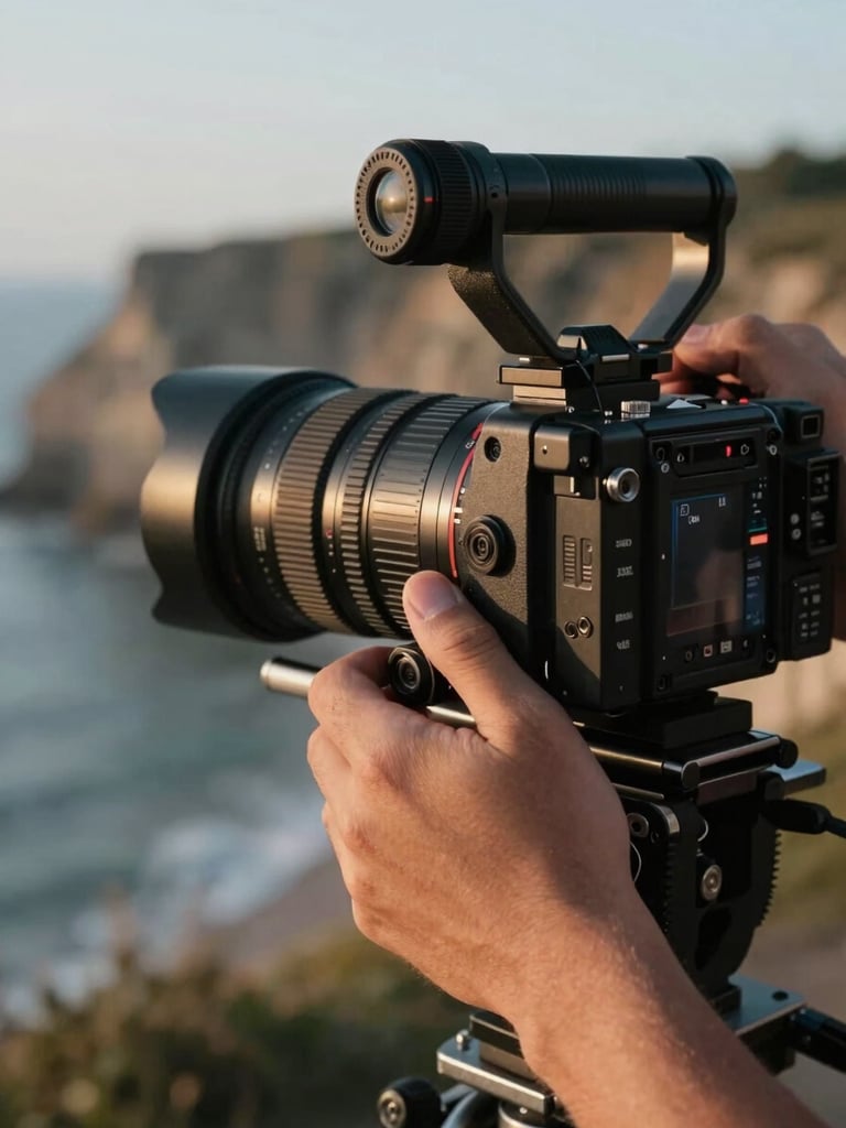 Close-up hands gripping a cinema camera on a shoulder rig, coastal cliffs visible through the viewfinder, warm late-afternoon light raking across the lens and knuckles, shallow depth of field, cinematic grain