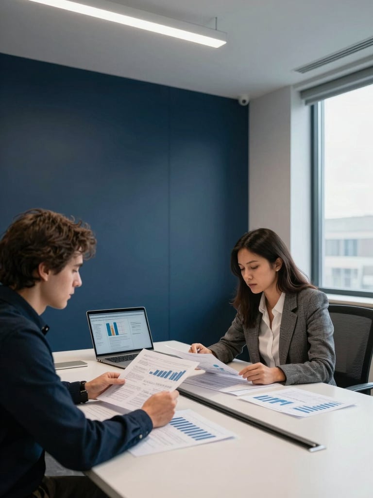 Wide-angle office interior, two professionals seated at a conference table reviewing printed financial reports, overhead fluorescent and natural window light, documents and laptop screen visible, shot from a side angle, deep navy wall in background, right third of frame