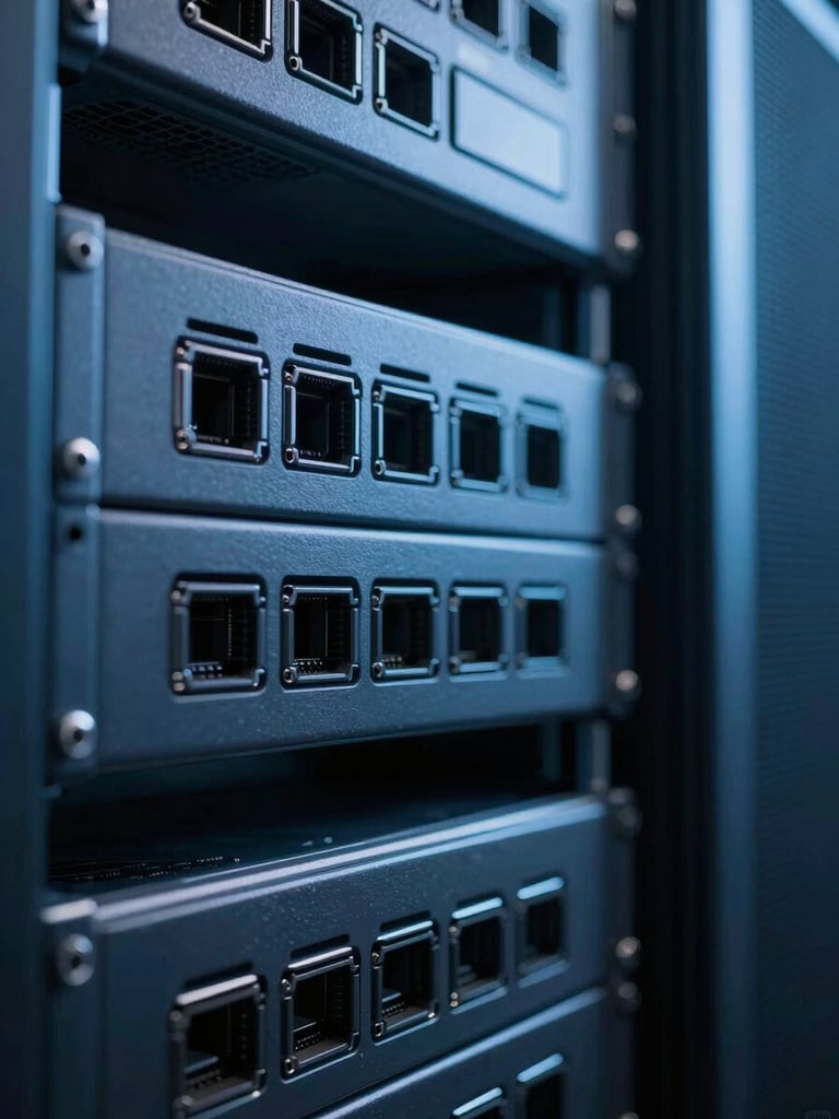 Network hardware close-up, cool blue studio lighting, sharp contrast, professional server rack environment, 35mm