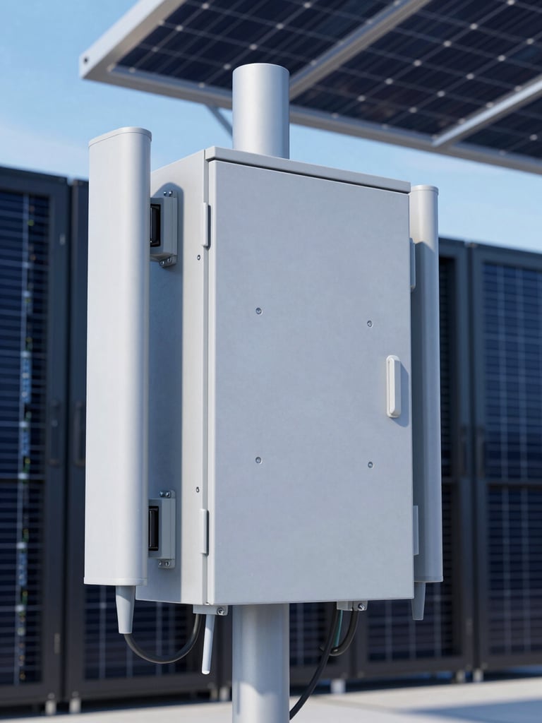 Industrial solar panels integrated with a weather-proof outdoor telecom cabinet, sharp technical detail, cool daylight, 35mm