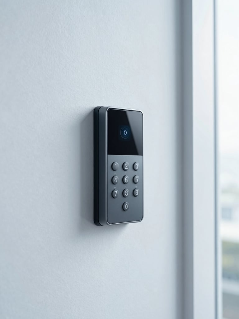 Sleek modern wall-mounted security keypad in a bright, clean architectural hallway, soft natural light, cool blue tones, professional installation