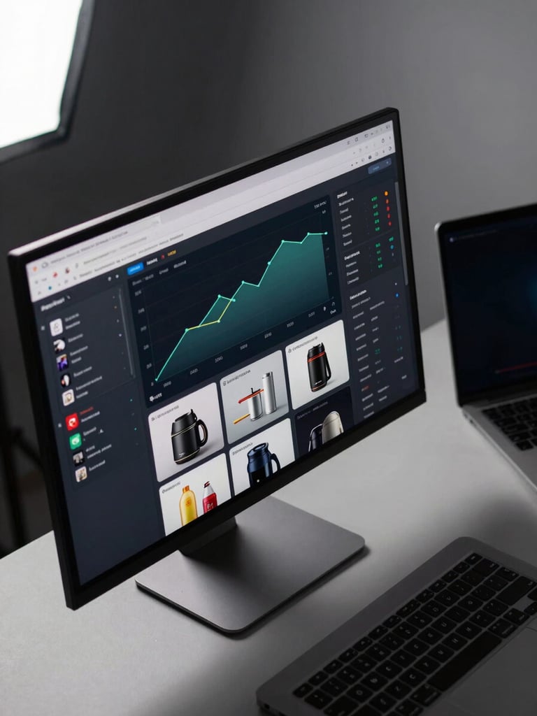 Close overhead shot of a large monitor displaying a live ecommerce dashboard—product grid, conversion rate graph, revenue ticker—on a dark-themed UI; a second laptop partially visible to the right edge; clean studio light from the upper left casting sharp contrast across the screens; no people, no faces