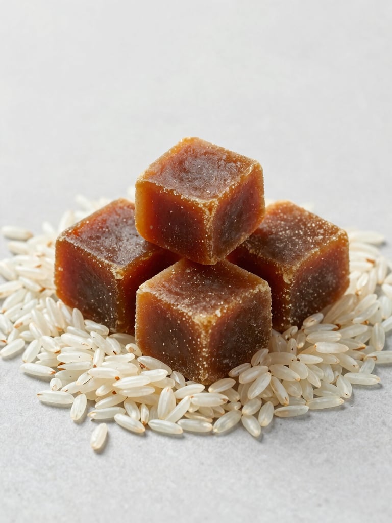 Sharp commercial photography of raw jaggery blocks and polished long-grain rice on a clean technical slate background, bright daylight, rich organic tones