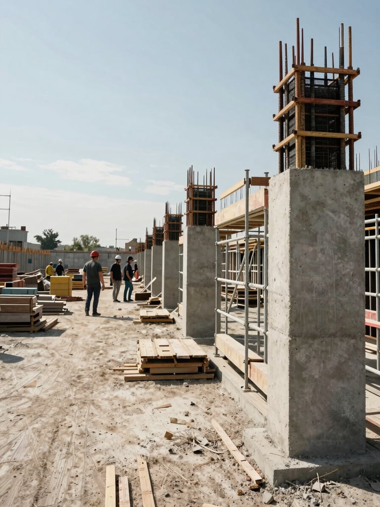 Wide-angle view of an active Romanian construction site at midday, scaffolding and concrete forms in the right foreground, workers in hard hats coordinating in the mid-distance, natural daylight flooding the open site from the left