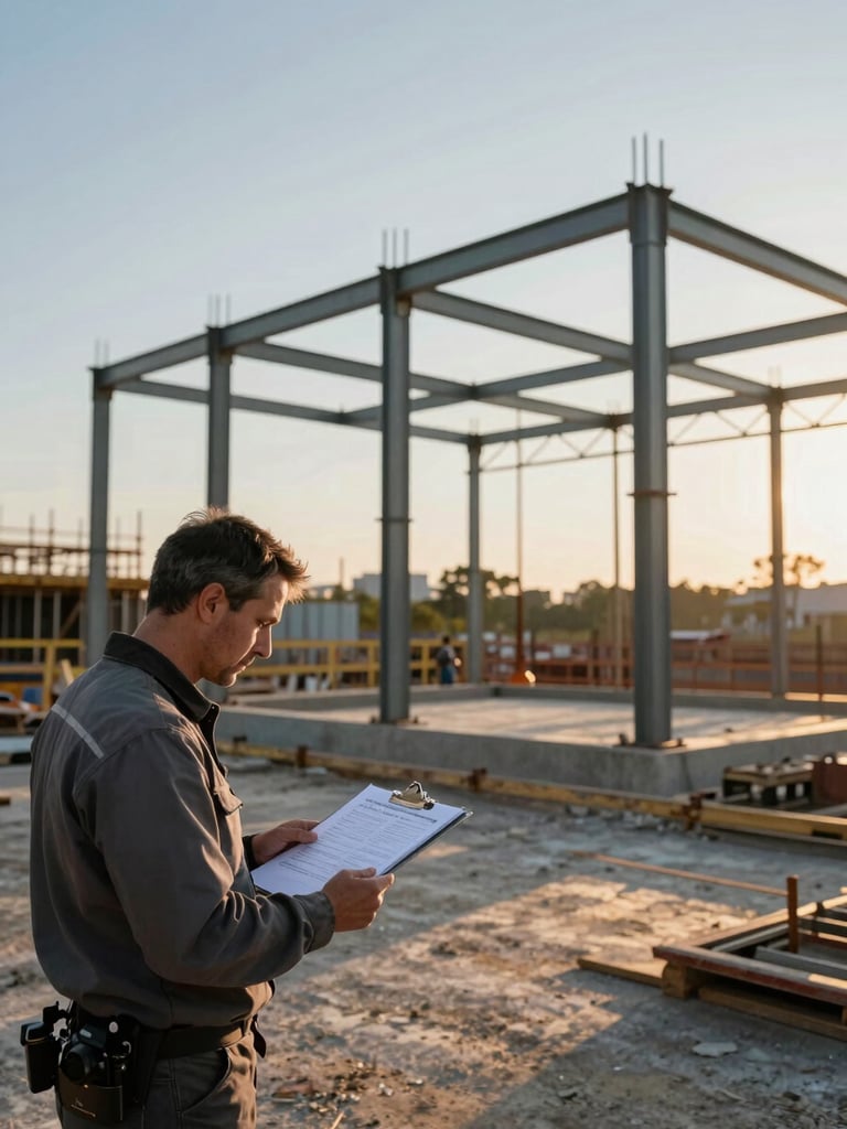 Wide shot of an active construction site at golden daylight, a foreman reviewing documents on a clipboard in the foreground left, steel framework rising in the background, natural industrial atmosphere