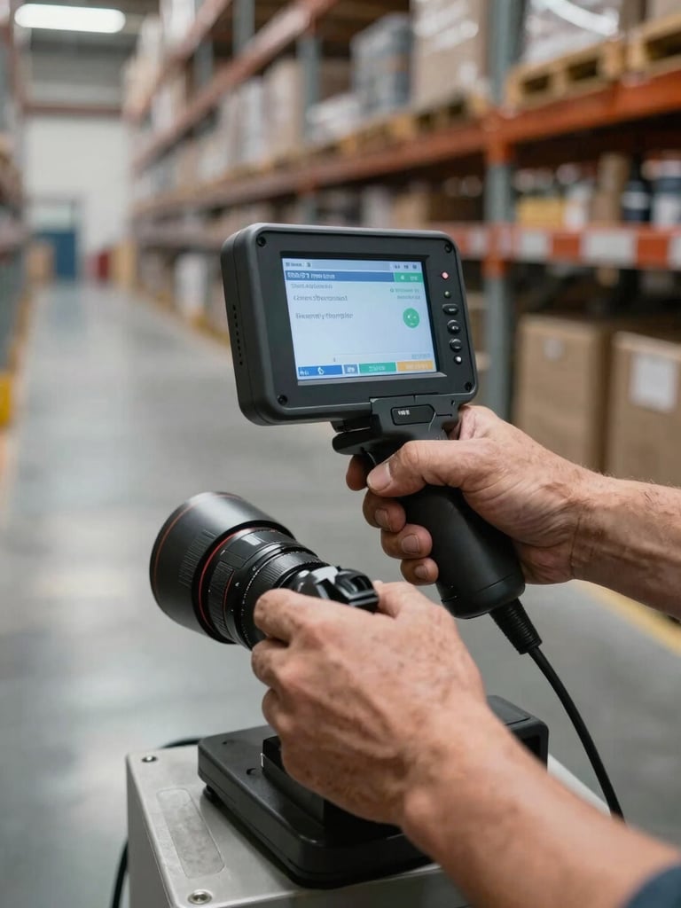 Close-up of weathered hands operating a logistics scanner on a warehouse floor, rows of shelving visible in background, natural industrial tungsten lighting, sharp focus on the scanner and hands