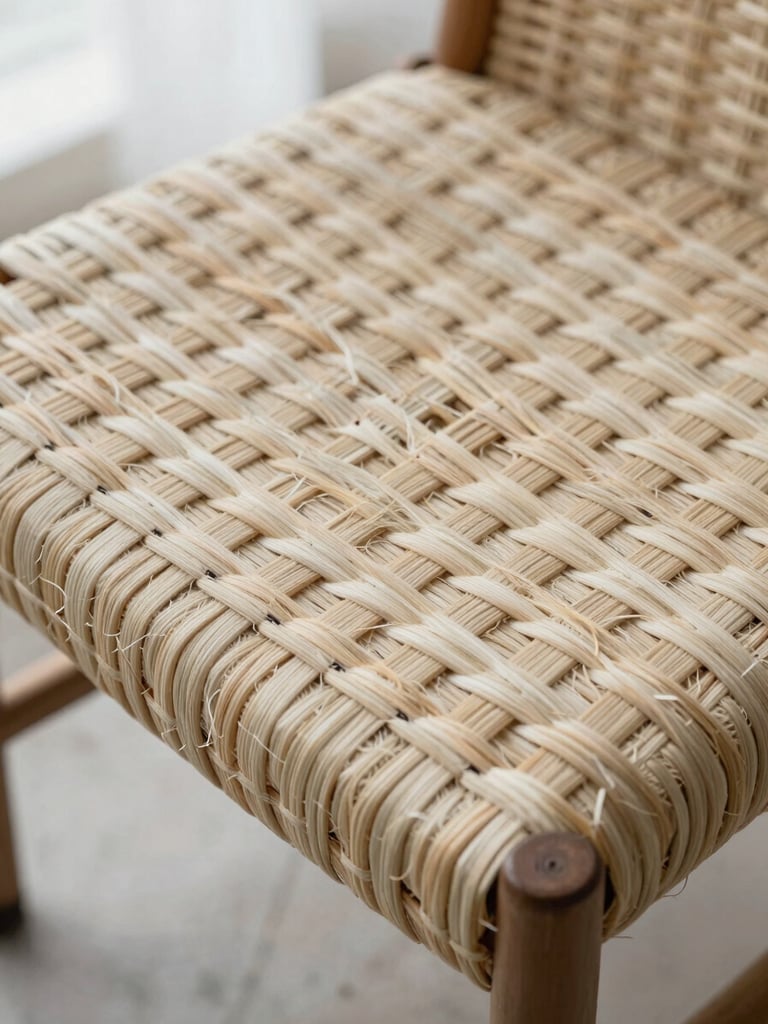 Extreme close-up of pale water hyacinth weave surface on a finished chair seat — individual fibres visible, soft overcast daylight from the left, neutral stone floor below, no styling props
