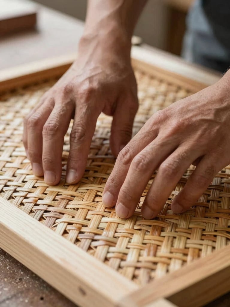 Extreme close-up of hands pressing rattan weave onto a frame at a workbench, joinery detail visible, natural diffuse daylight from the left, honey and tan tones, no flash, shallow depth of field on the weave surface