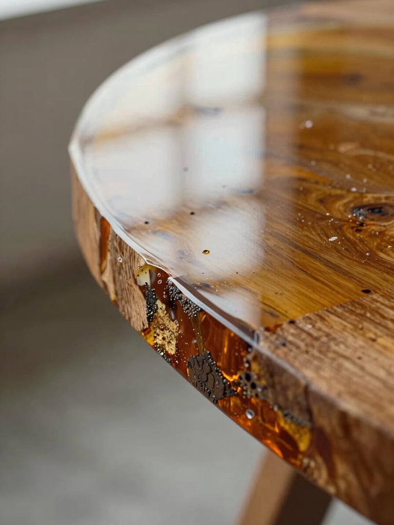 Extreme close-up of an amber epoxy table surface edge — casting resin visible in cross-section alongside reclaimed timber, near-glass finish reflecting soft diffuse north-facing daylight, no props, neutral background