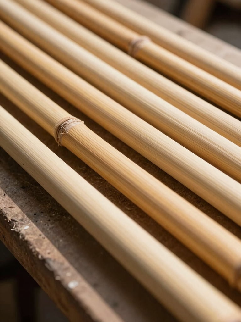 Extreme close-up of hand-selected rattan poles laid parallel on a workshop bench, soft north-facing daylight raking across the surface, pale honey-amber cane showing consistent diameter and tight grain, no props or styling