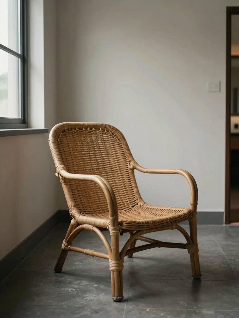 Wide environmental shot of a completed rattan lounge chair installed in a neutral hotel corridor, six months into use, soft diffuse overcast light from a window to the left, pale wall behind, no people, visible surface patina on the rattan arms
