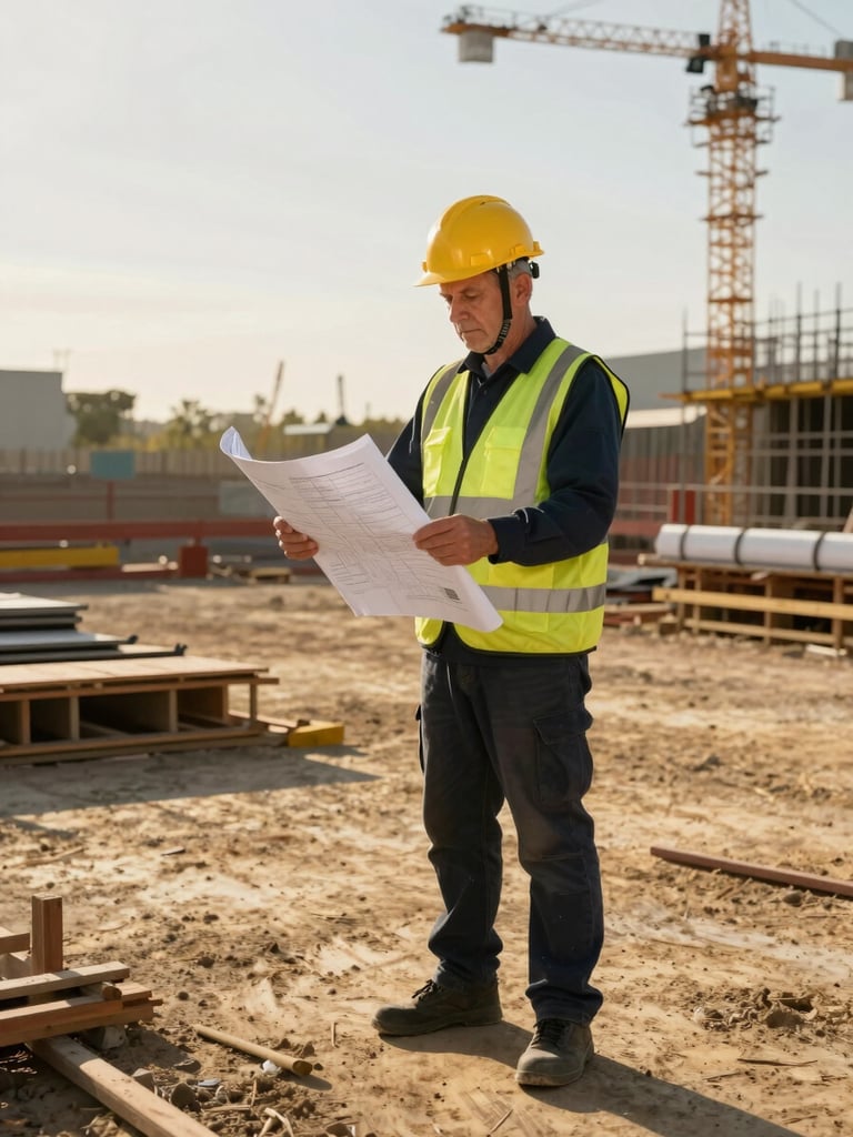 A professional senior civil engineer in high-visibility gear and hardhat examining blueprints on a high-contrast, sunlit construction site, extreme detail