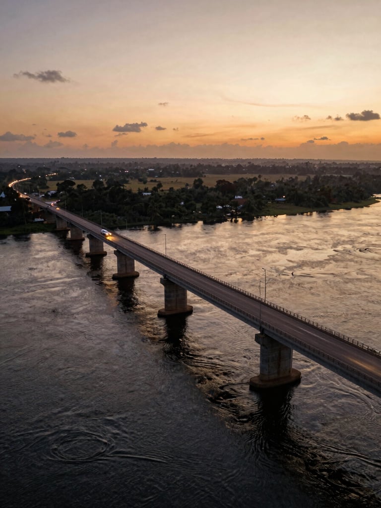 Low-angle cinematic drone shot of a completed bridge over a wide Central African river at dusk, concrete piers rising from dark water, warm gold-orange sky behind the structure, headlights of vehicles crossing visible as light streaks, vast riparian landscape stretching to the horizon