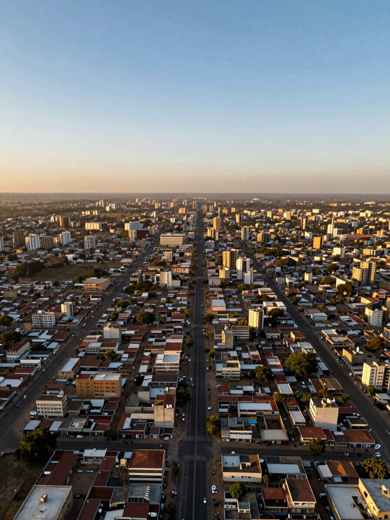 Wide panoramic aerial drone shot looking straight down over a Cameroonian city grid at golden hour — road networks and building footprints rendered as precise geometric patterns, the terrain glowing amber and deep shadow, a single surveying tripod silhouette visible at the far left edge, vast sky above the right third