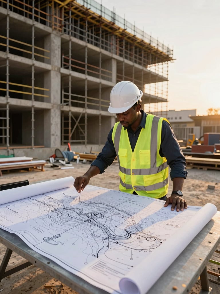 Wide shot of a Cameroonian engineer in a hard hat and high-visibility vest reviewing large-format topographic plan drawings spread on a site table outdoors, construction scaffolding and partially built urban infrastructure visible behind, golden afternoon light, confident posture, framed from the side at mid-distance to show both the plans and the project site in context
