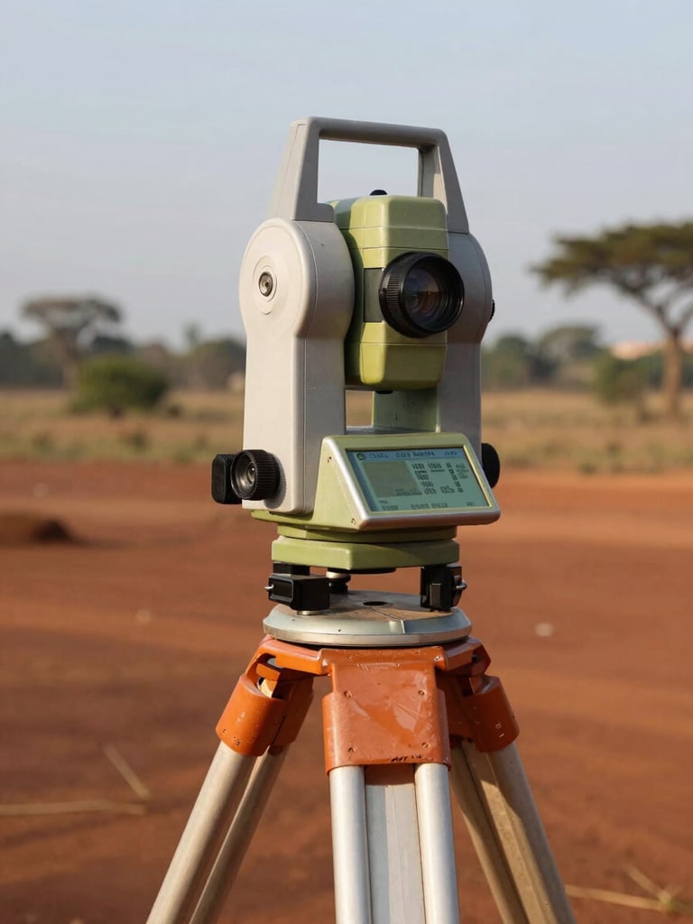 Close-up of a surveyor's total station theodolite mounted on a tripod in the field, Cameroon landscape behind, natural afternoon light catching the instrument's metallic casing, red laterite soil and sparse savanna vegetation visible in the blurred background, framed from a low angle looking up toward the instrument against an open sky