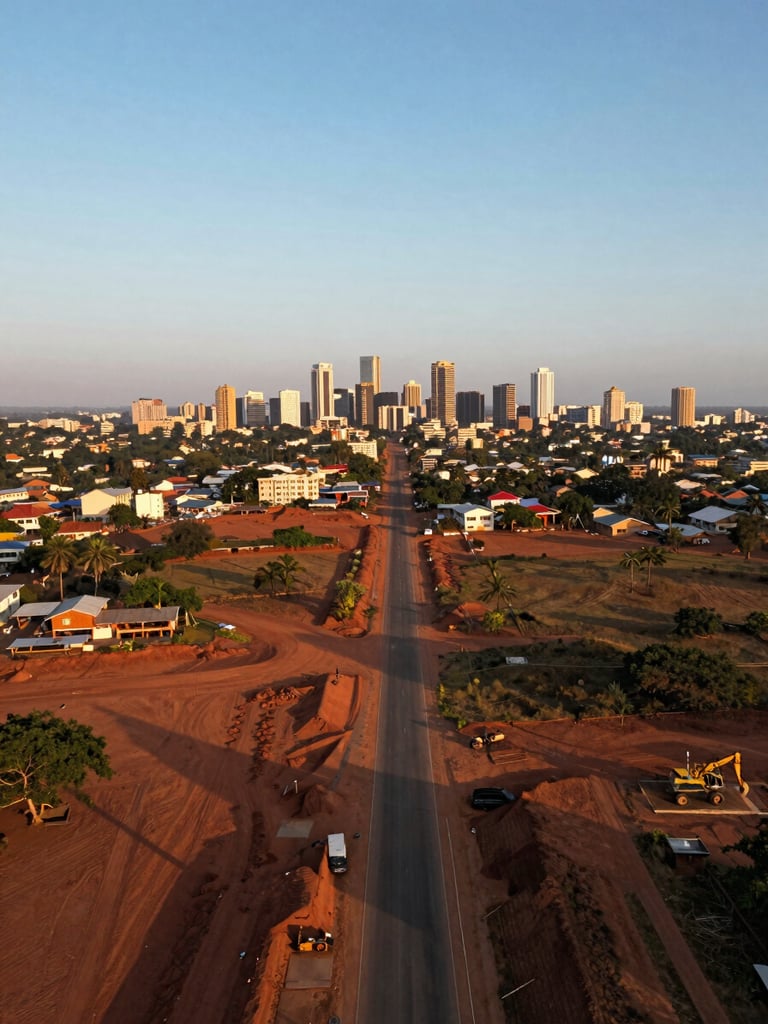 Wide panoramic aerial drone shot at golden hour over a Cameroonian urban fringe — newly graded road infrastructure cutting through red-earth terrain toward a mid-distance city skyline, long shadows stretching left, expansive sky occupying the upper third, construction machinery visible at lower right